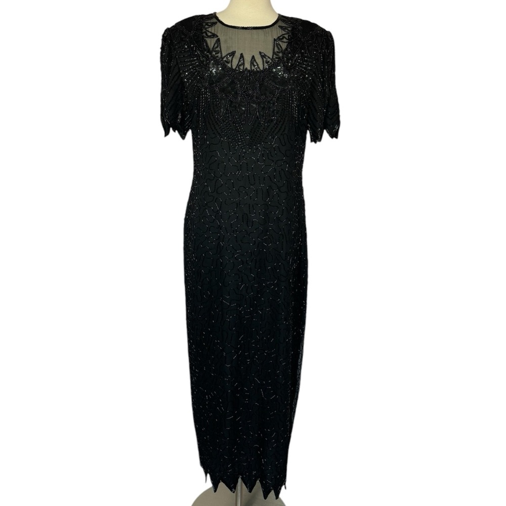 SCALA Vintage 80s Maxi Dress Gown Beaded Sequins Black Silk / Polyester Size XXL